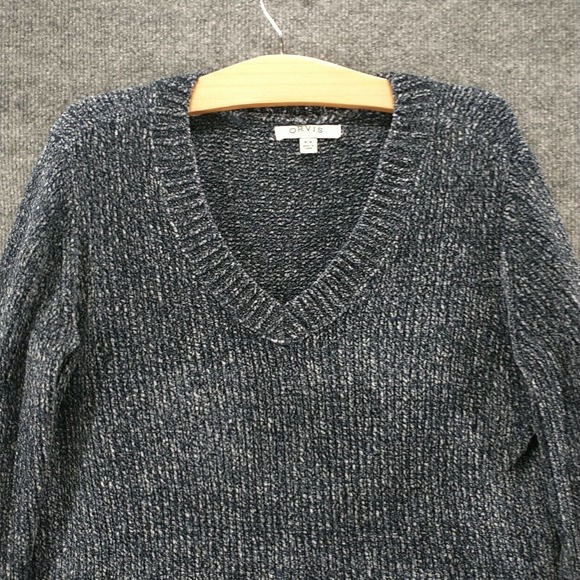 Orvis Women's Pullover Marled Knit Sweater Blue Medium V-Neck Ribbed Hem - Picture 3 of 12